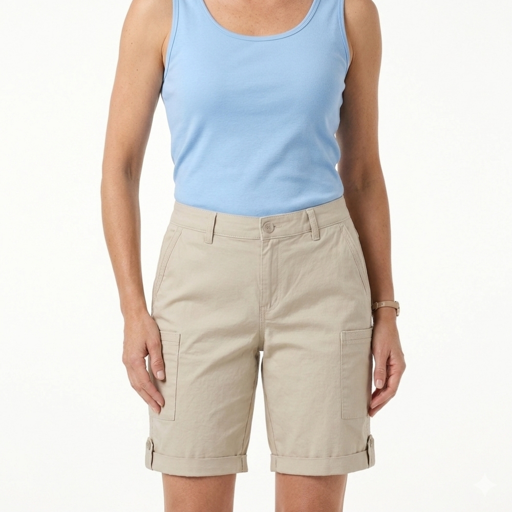 New Chico's Women's 5-Pockets Cotton Bermuda Shorts Size L Cream
